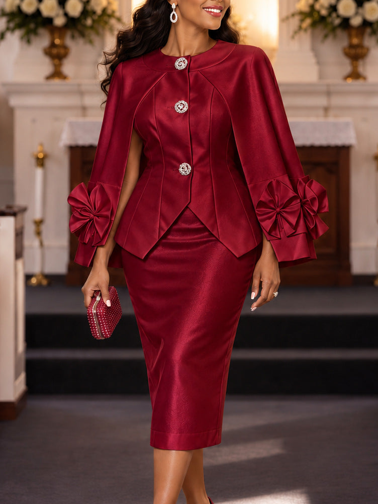 Church style shawl sleeve dress suit elegancebows decorated satin single breasted slit two-piece set