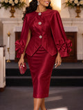 Church style shawl sleeve dress suit elegancebows decorated satin single breasted slit two-piece set