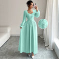 Fashion cross-border  overseas hot style mint green waist simple pure color square collar long sleeves large hem version long skirt