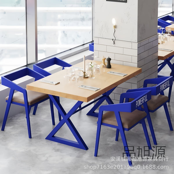 Industrial style catering furniture hotel bar cafe food stall barbecue supper shop solid wood wrought iron table and chair combination