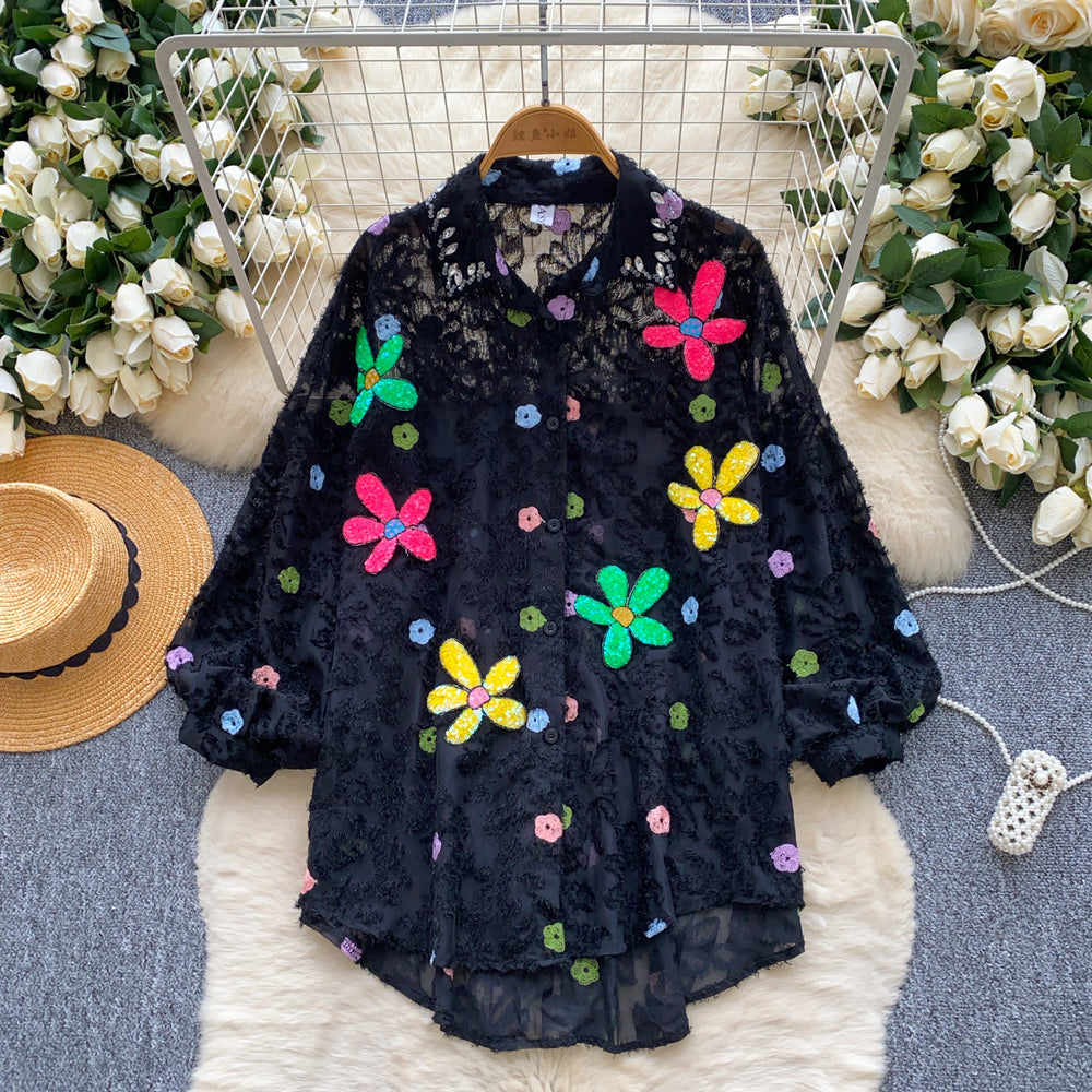 European and american style printed long-sleeve shirt for women - autumn flocked, rhinestone-embellished, loose fit, slimming, lightweight, designer top - trendy and chic