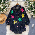 European and american style printed long-sleeve shirt for women - autumn flocked, rhinestone-embellished, loose fit, slimming, lightweight, designer top - trendy and chic