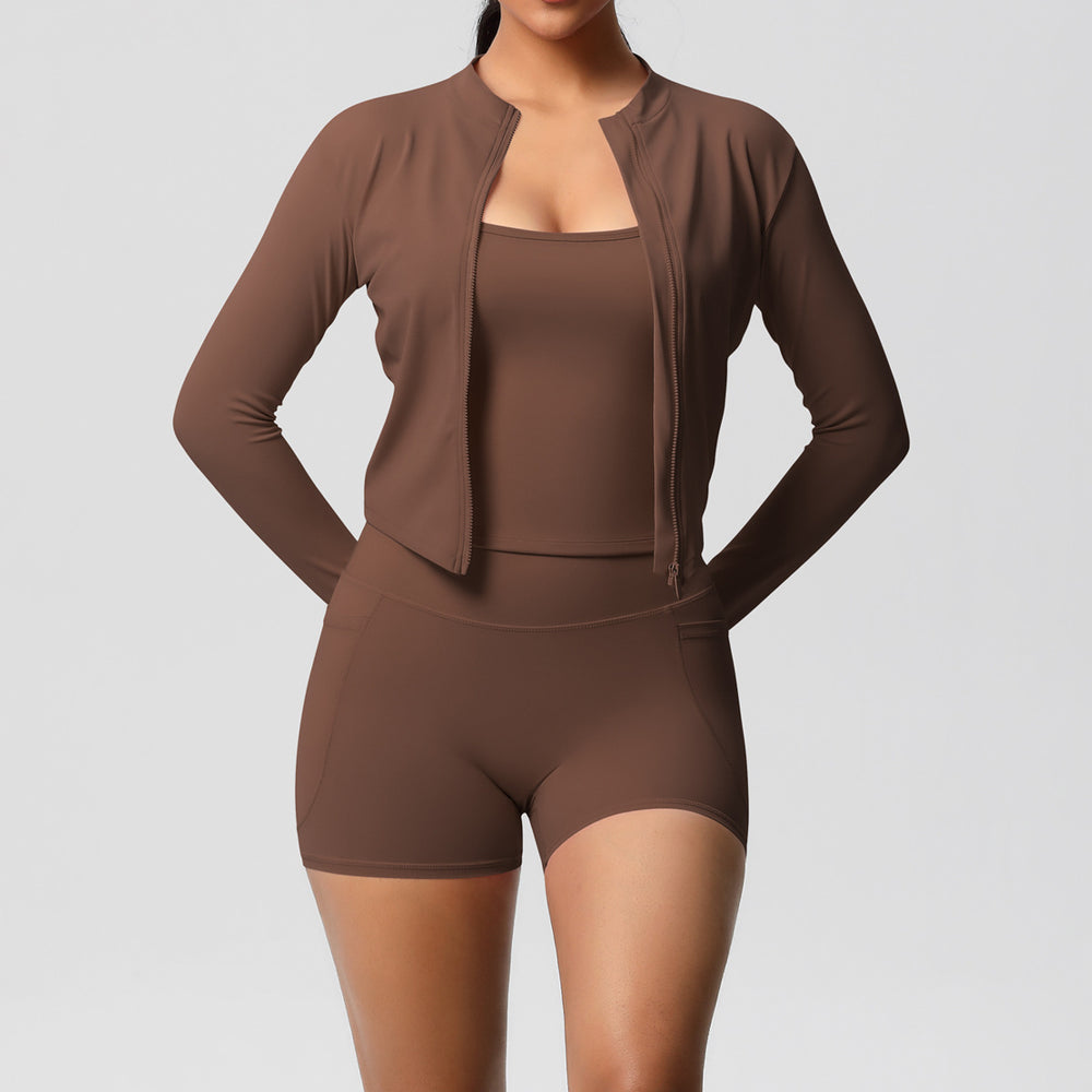 new nude feel tank top outdoor casual compression fitness set with pocket shorts and yoga outfit - 3 piece sports set