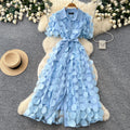 French chic lace-trimmed dress: women's summer short-sleeve a-line dress with tie waist – elegant and refined