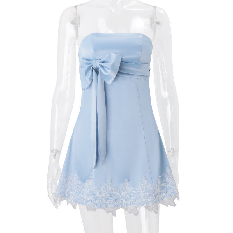European and american women's clothing  summer new arrival: pure & sultry bandeau dress with bow tie straps, lace trim, and sleeveless off-the-shoulder design
