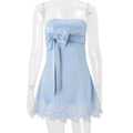 European and american women's clothing  summer new arrival: pure & sultry bandeau dress with bow tie straps, lace trim, and sleeveless off-the-shoulder design