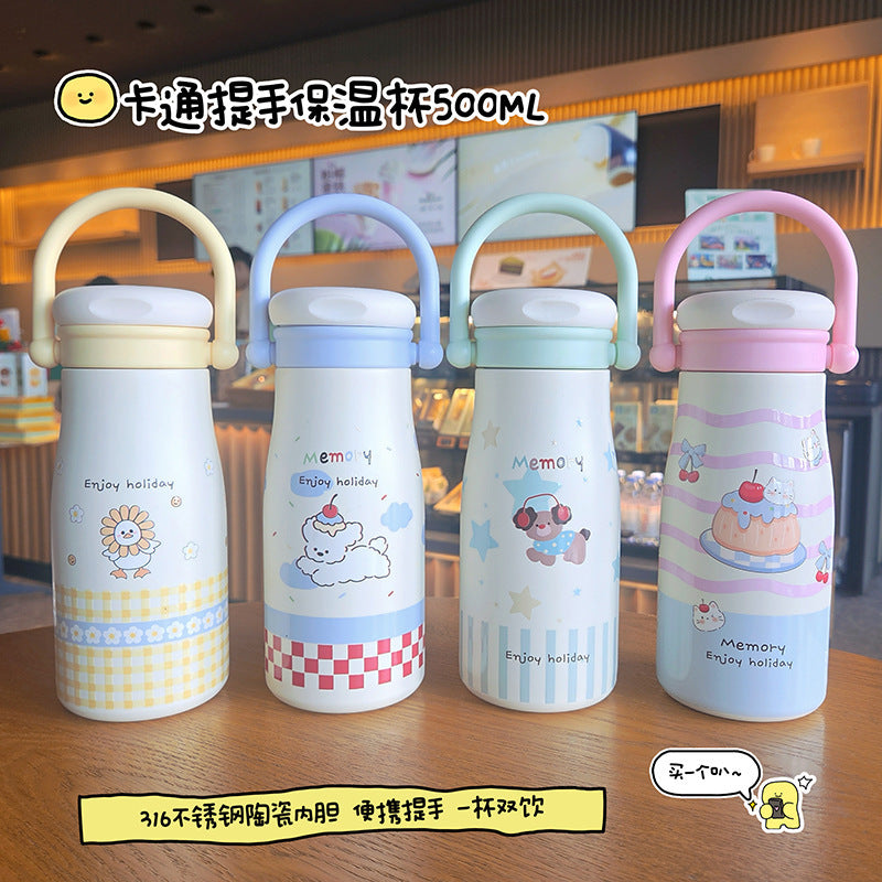 Cartoon kids thermos cup 316 ceramic liner high appearance large capacity double drinking cup portable student straw water cup