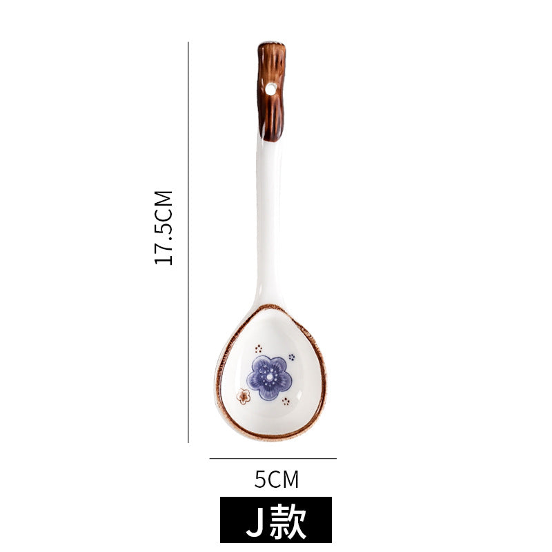 Japanese ceramic long-handled spoon - hand-painted cute creative cartoon dessert spoon - household ramen spoon - soup spoon