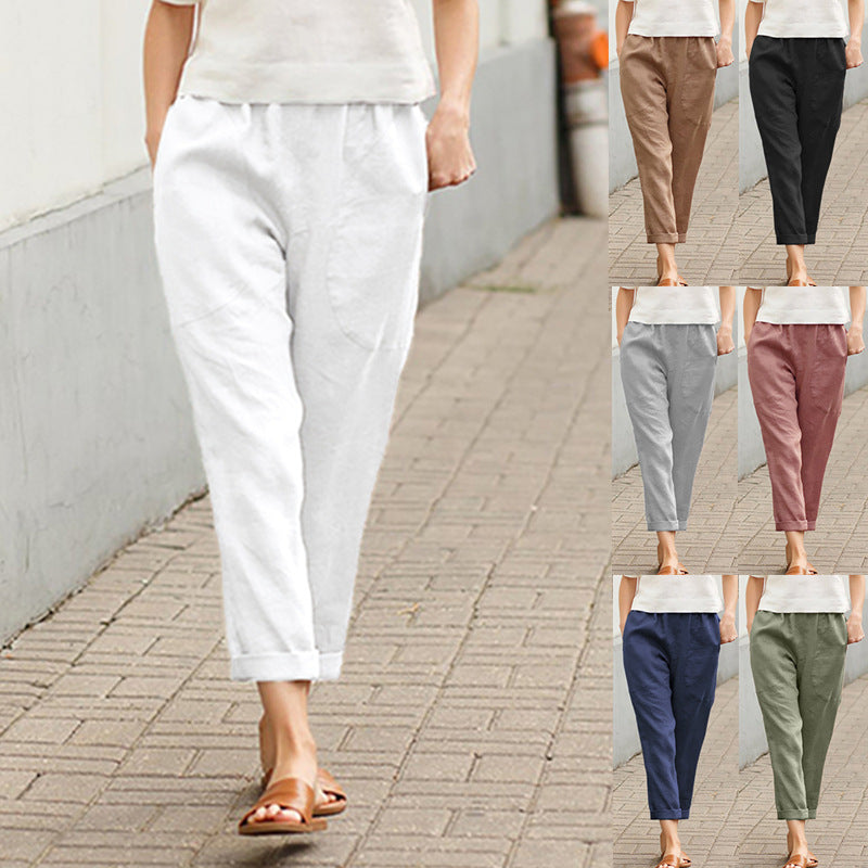 european and american export women's large pocket solid color comfortable cotton linen casual straight-leg trousers