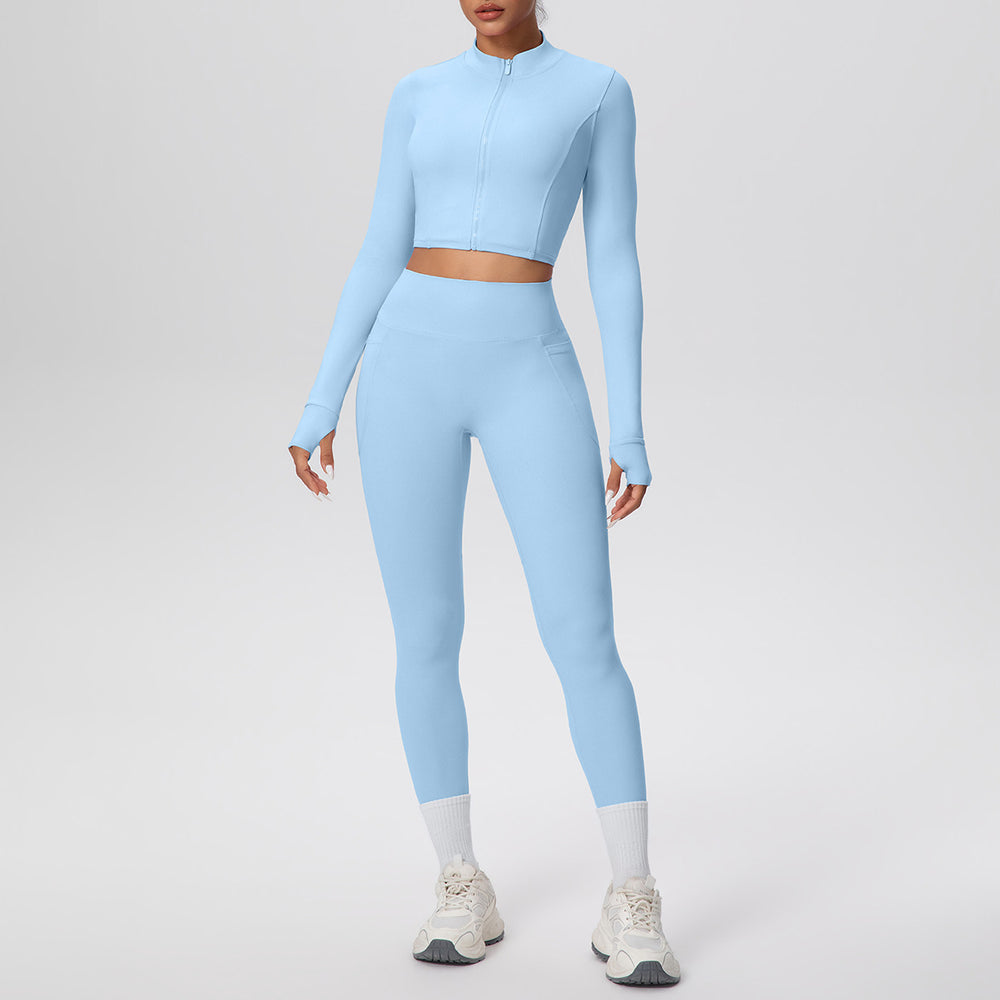 Cropped zip-up yoga set: high-waisted, butt-lifting leggings with pockets - perfect for running, fitness, and casual wear
