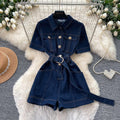 Korean style commute-inspired denim jumpsuit: high-waisted, slim-fit, metallic buckle detail, multi-pocket design
