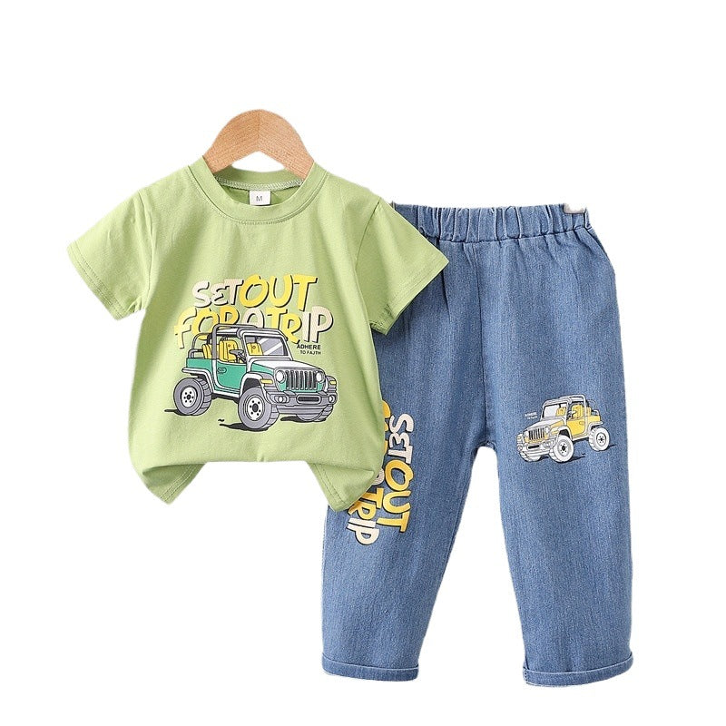 Boys' summer outfit  new style baby summer clothes wholesale off-road car trendy two-piece set for mid-to-large children