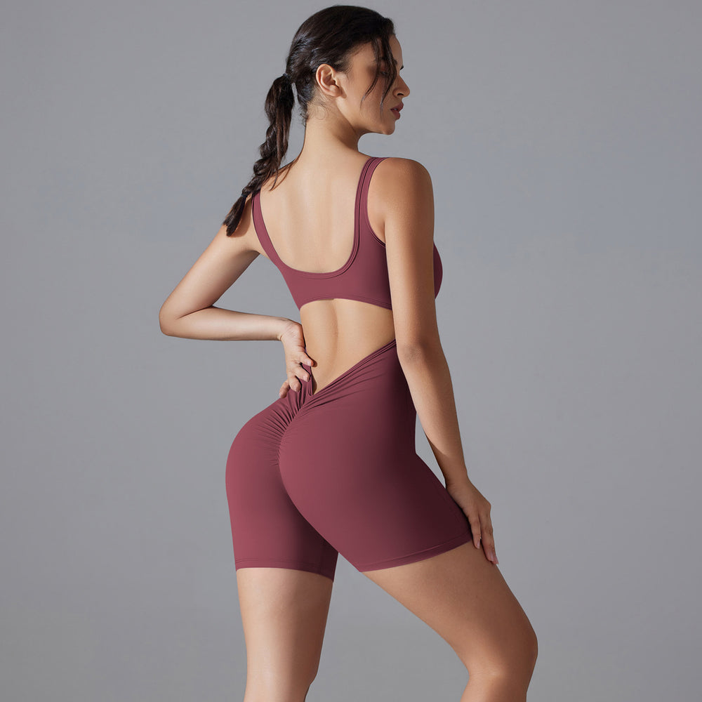 New double-sided nylon seamless high-stretch peach lift solid color v-waist bodycon shorts bodysuit yoga outfit