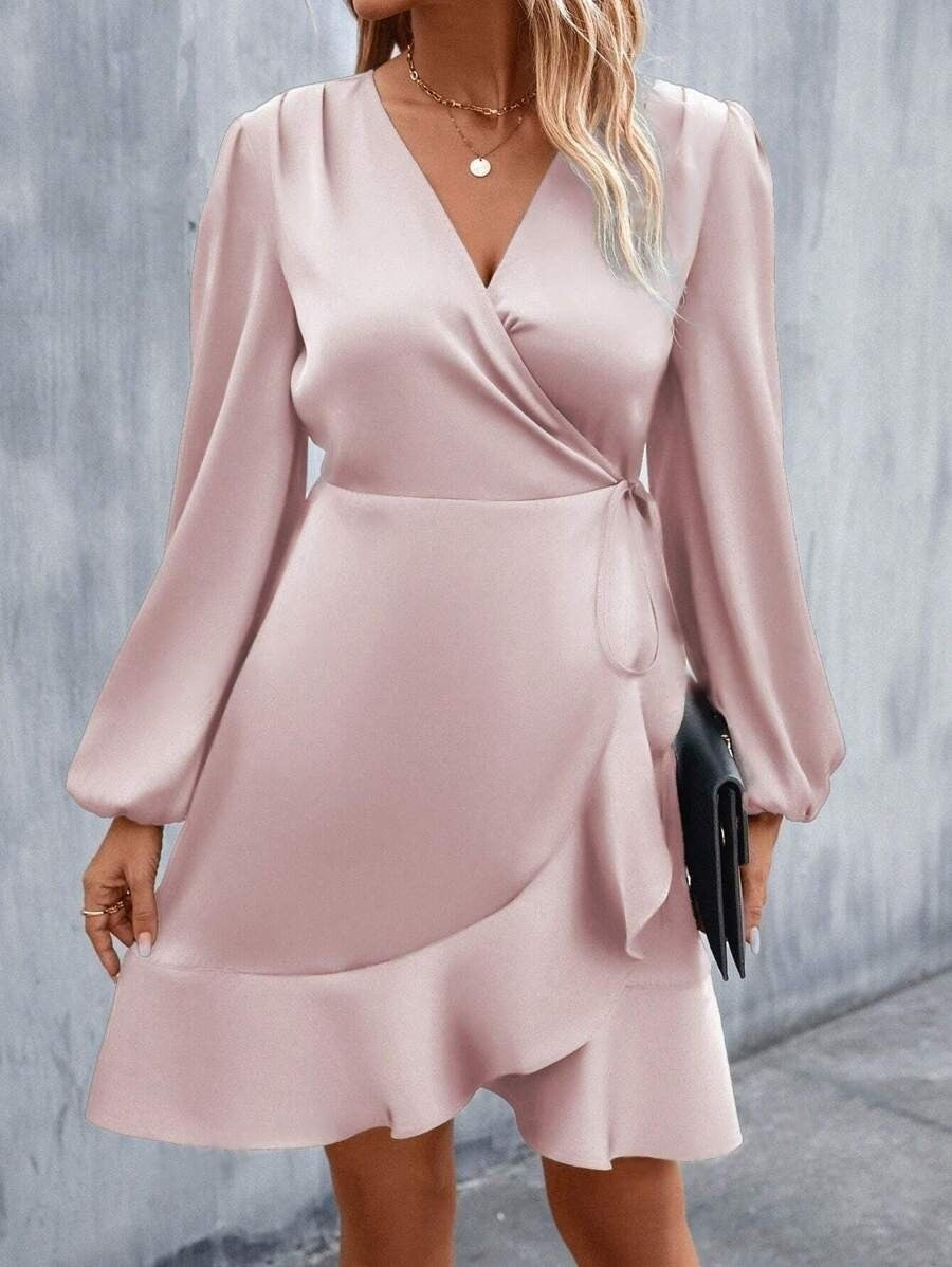 Summer v-neck satin dress - satin waist, low-cut, midi length - export  cross-border fashion women's clothing (european & american style)