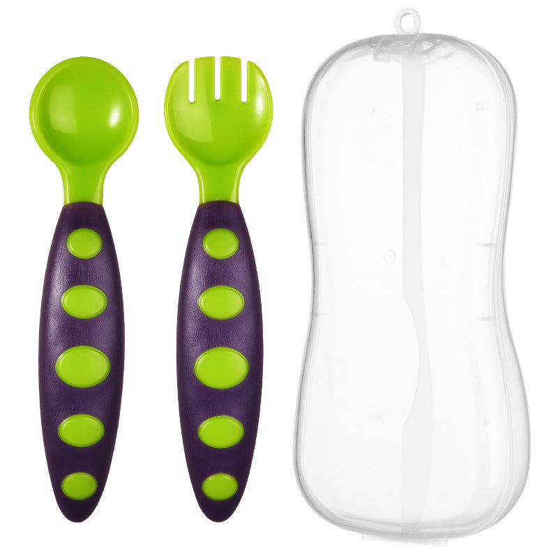 Factory direct sales baby two-color spoon and fork combination set, baby complementary food tableware PP spoons 2 boxed