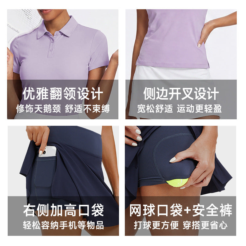 Summer t-shirt tennis wear, quick-drying, breathable, high-waisted sports skirt, running yoga anti-exposure tennis skirt suit for women