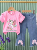 Factory direct: new girls' summer two-piece set - korean style unicorn short sleeve top + bowknot flare pants