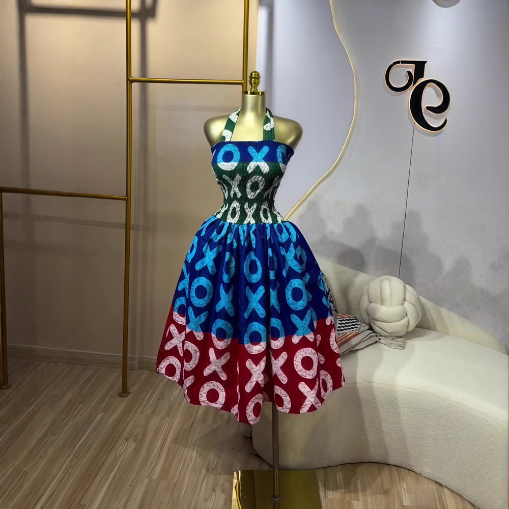 European and american cross-border women's fashion  winter new sleeveless bandeau halter neck printed ruched unique dress