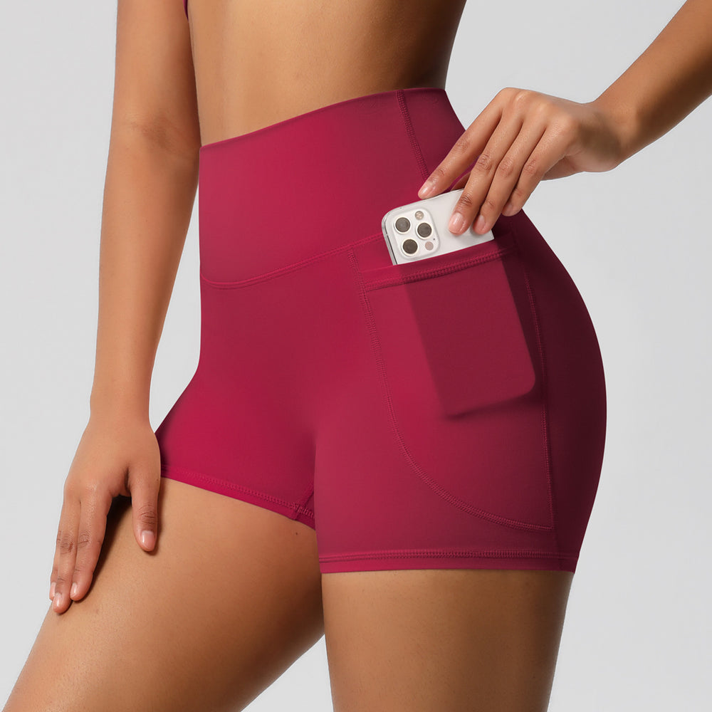 fashion brushed pure colorflap pocket pants high waist tight high elastic yoga shorts sports running fitness three-quarter pants for women