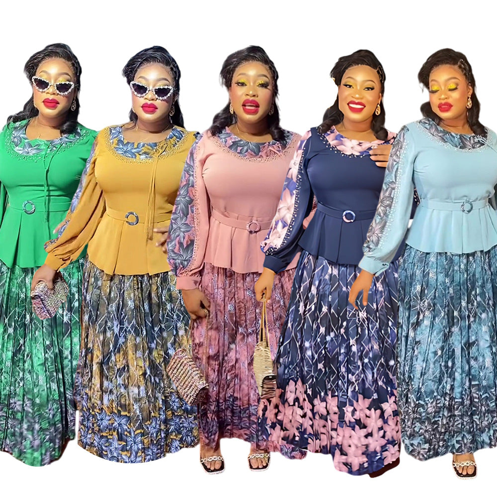 African women's plus size printed color block dress  chic commute two-piece set skirt pleated skirt set