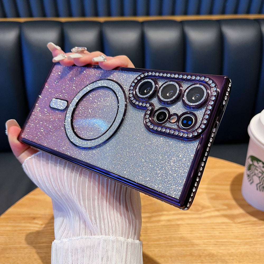 Rhinestone-embellished magnetic glitter case for samsung s25 ultra, s26 plus, with diamond-studded lens protector and a16 case