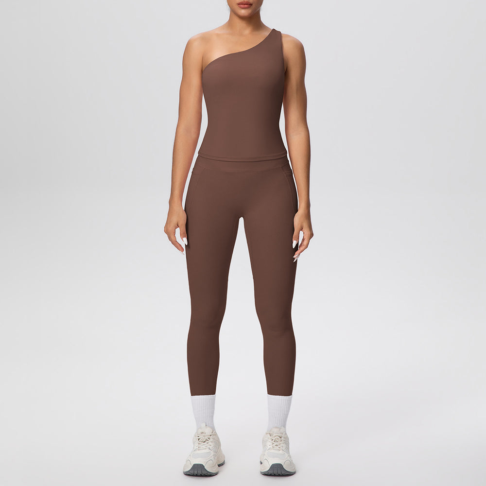 New arrival: cross-border brushed microfiber seamless tank top & leggings set - pocketed activewear for running, fitness, and yoga (two-piece)