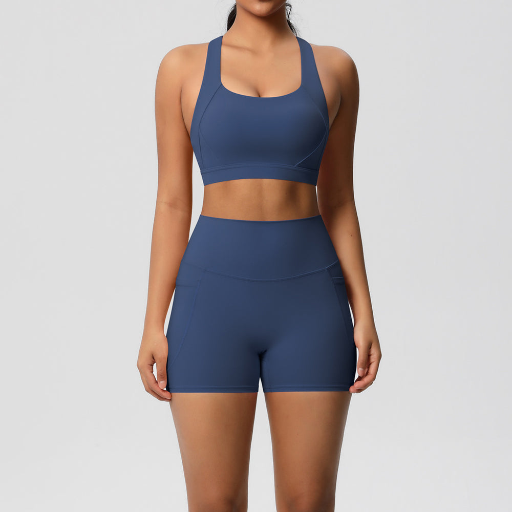 European and american cross-border double-sided brushed sports bra and pocket shorts set - pilates, running, fitness, and yoga apparel