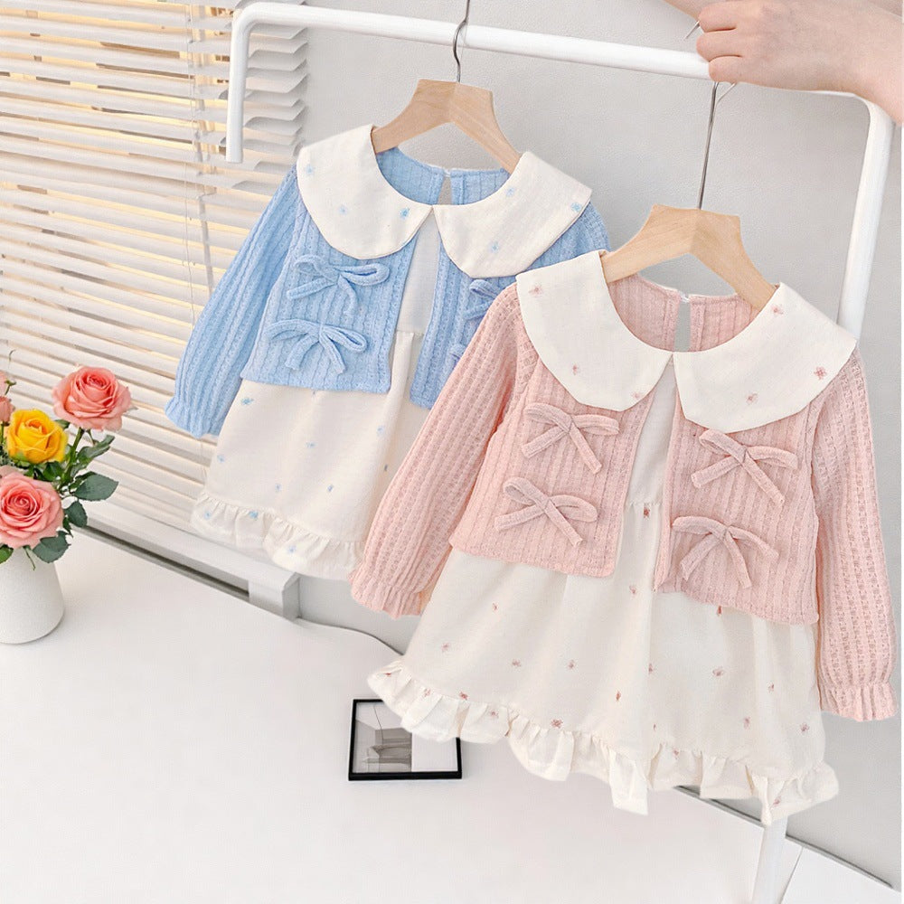 Girls'  dress - korean style round neck, turn-down collar, patchwork bow, floral print dress - toddler & infant skirt - fresh & sweet