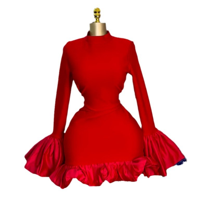 European and american women's clothing  summer new arrival: elegant high-neck flared sleeve high-waisted ruffle hem bodycon dress