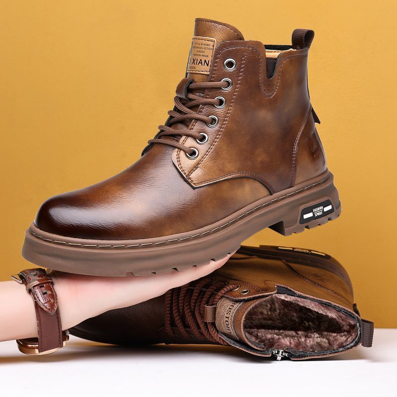 Genuine leather cowhide boots men's high-top winterfleece-linedheattech leather shoes men's genuine leather cotton shoes casual cowhide boots