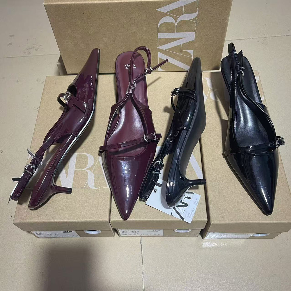 Zar 2024 summer new patent leather stiletto peep-toe sandals - vintage style single strap pointed toe open back ankle strap mules