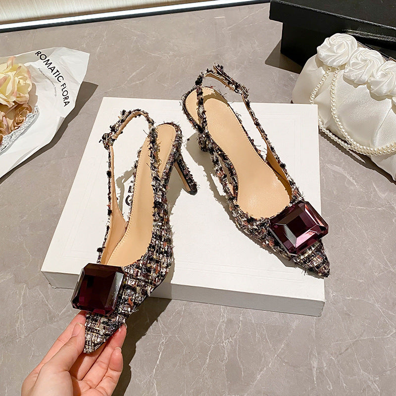 Yx stiletto heel french chic peep-toe sandals - women's 2026 autumn new collection - elegant pointed-toe slingbacks in tweed