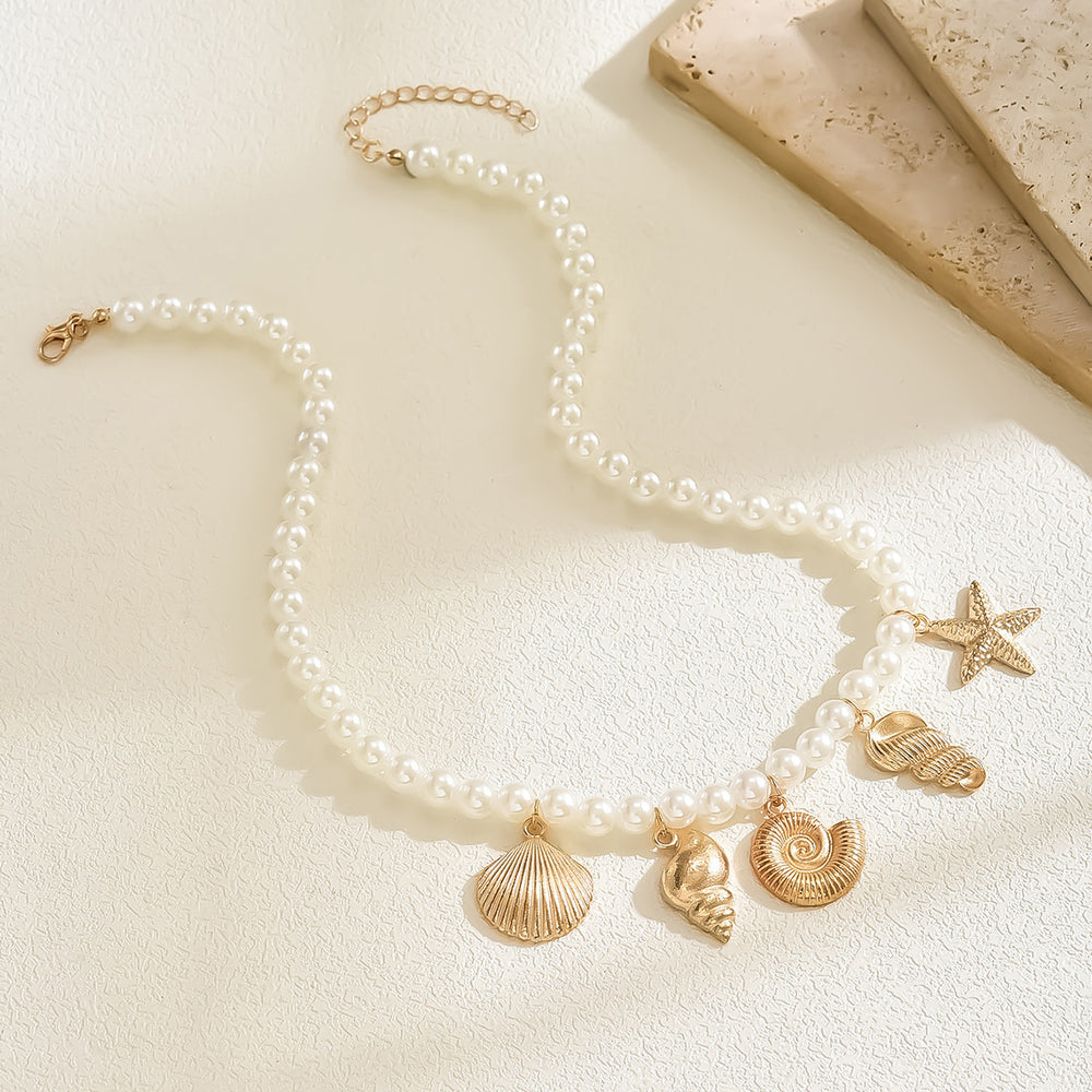 European and american cross-border ocean style alloy shell starfish conch pendant necklace, light luxury niche pearl jewelry necklace