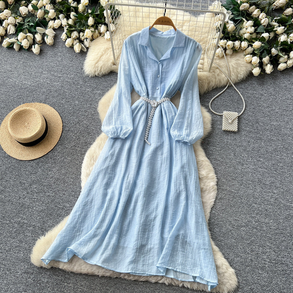 Korean style commute blue ruched long sleeve dress - women's summer slimming a-line elegant maxi dress