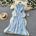 Korean style commute blue ruched long sleeve dress - women's summer slimming a-line elegant maxi dress