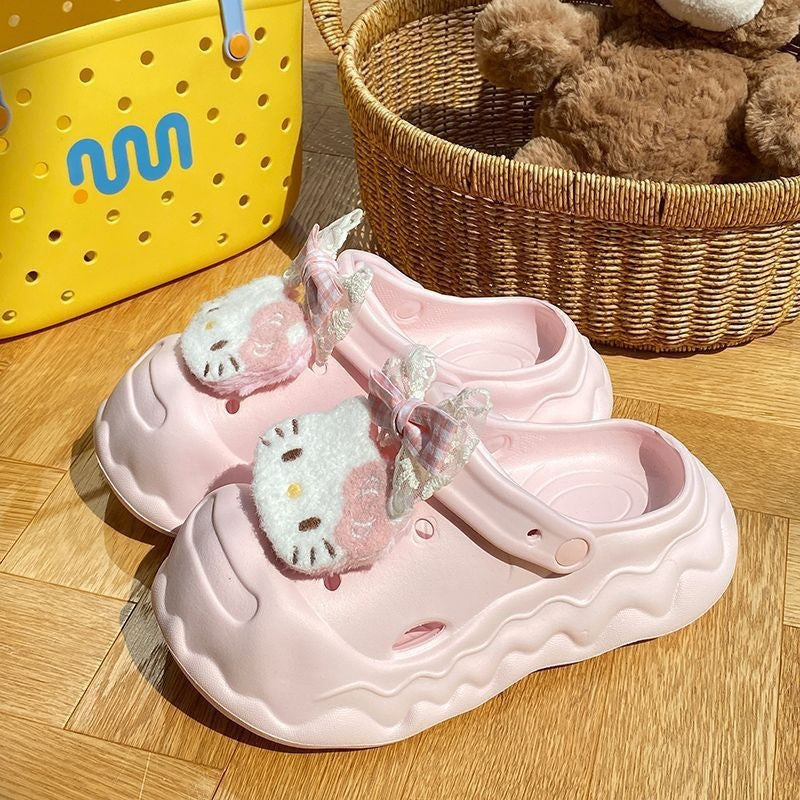 Cute cartoon hello kitty clogs - fairy style outdoor summer thick sole height increasing non-slip "stomping on clouds" beach closed-toe slippers