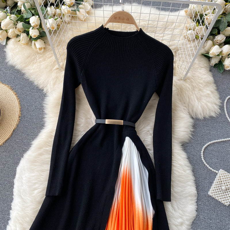 French hepburn style elegant knit patchwork gradient pleated slim-fit waist-defining maxi dress - new autumn collection for women