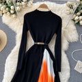 French hepburn style elegant knit patchwork gradient pleated slim-fit waist-defining maxi dress - new autumn collection for women
