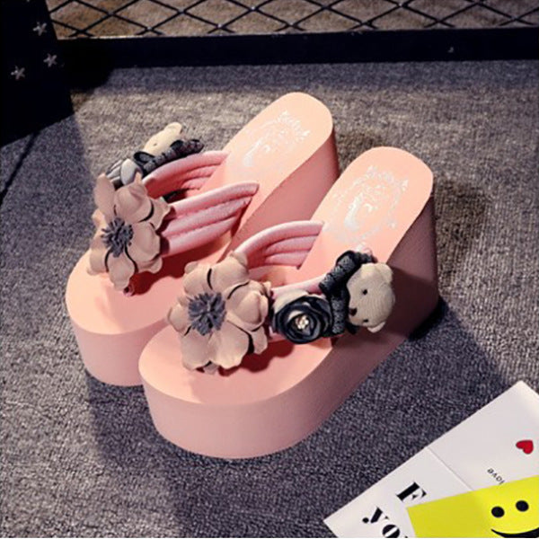 Shanjiao handmade bear flip-flops beach shoes 11cm super high heel women's thick sole non-slip bear flip-flops
