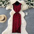 French chic high-end fashion color block knit dress - women's figure-flattering, slit hem, slim-fit tank dress