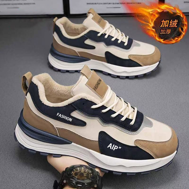 Men's sneakers 2024 new winter casual shoes leather waterproof non-slip work shoes trendy plus velvet warm cotton shoes