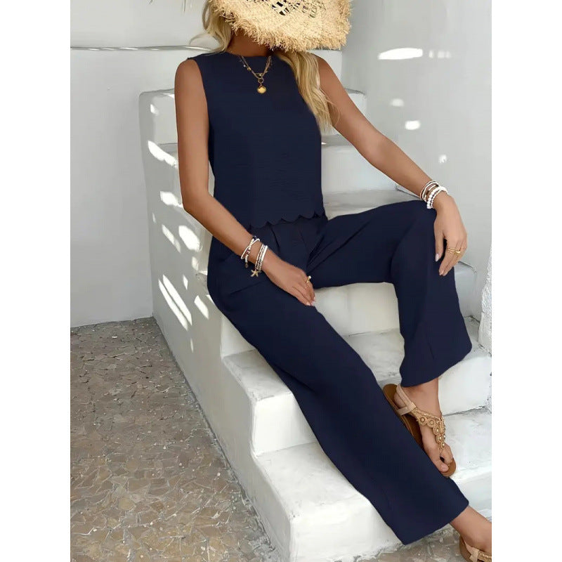 Shipped:  independent station fashion cross-border sexy casual pants see-through vacation style trousers hollow-out two-piece set
