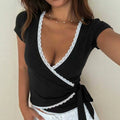 hot girl style solid color slim-fit lace trim criss-cross v-neck low-cut short sleeve top - sexy and versatile women's t-shirt