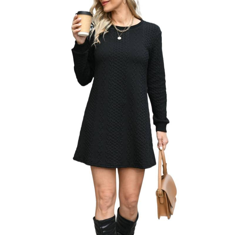 cross-border black cable knit long sleeve knit dress for women