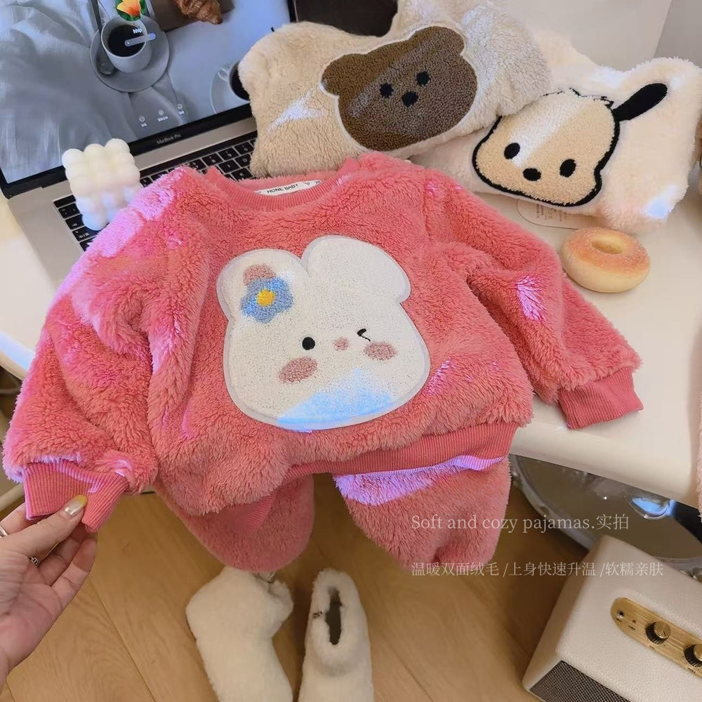 "cute baby outfit" fall and winter boys and girls fleece-linedheattech pajamas cloud velvet kids cute thickened home clothes cotton