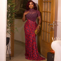 European and american style cross-border slimming waist-defining women's see-through patchwork versatile bodycon skirt pleated printed high-neck maxi dress