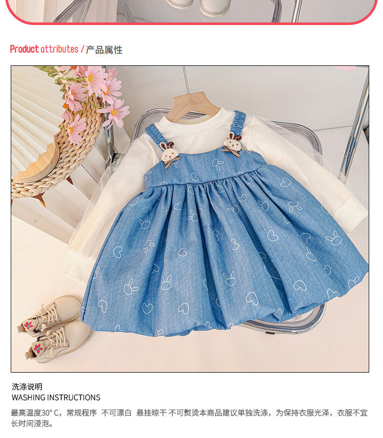 kids' fashion korean style dress - girls' round neck long sleeve cartoon print suspender faux two-piece patchwork dress