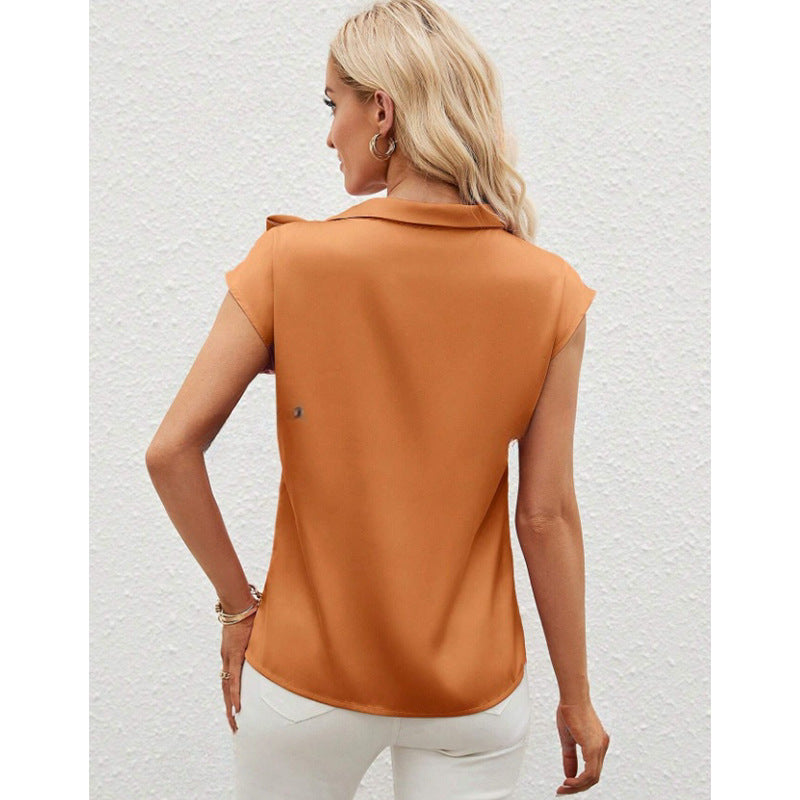 semi-open neck bow satin top, niche design satin women's clothing,   European and American new T-shirts