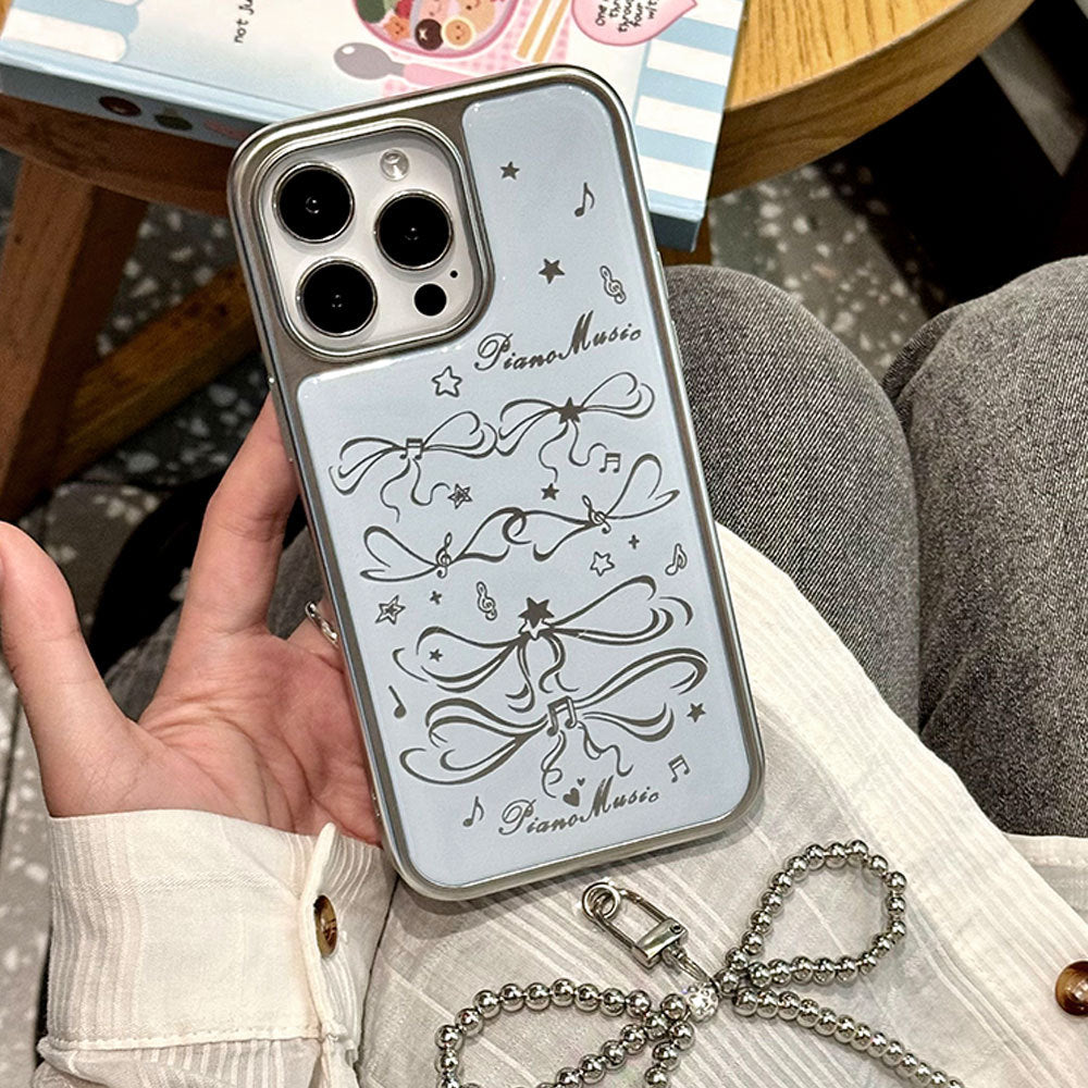 Joyful notes electroplated phone case for iphone 16 pro max, apple 15 epoxy protective cover, 14 bowknot design