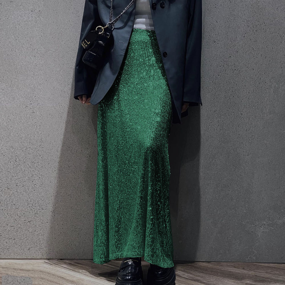 2025 european and american new fashion high-waisted slimming sequin midi skirt - women's elastic waist, back slit, stretch straight-leg long skirt